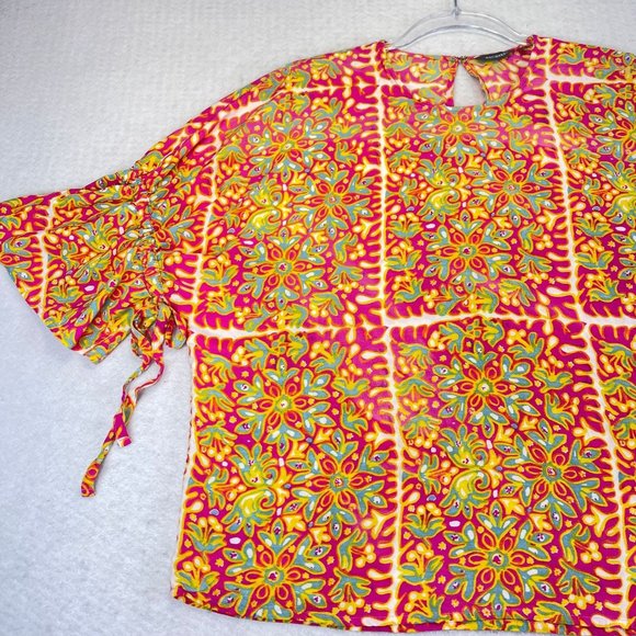 MARIMEKKO Womens 40 Jade Simbad Retro Floral Boho Tie Dye Tie Sleeve Blouse - Picture 2 of 10